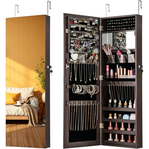 CZMJY Jewelry Cabinet Wall or Door Mounted, Hanging Lockable Jewelry Armoire Storage with Full Length Mirror, Interior Makeup Mirror, Over the Door Jewelry Organizer Box with Mirror, Dark Brown