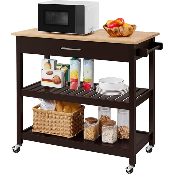 CZMJY Kitchen Island on Wheels with Bamboo Tabletop, 3-Tier Rolling Kitchen Cart Microwave Oven Cart Serving Trolley with Drawer and Wine Storage Shelf, 20" D x 40" W, Espresso