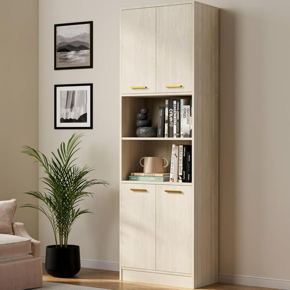 CZMJY Kitchen Pantry Cabinet, 75" Tall Wood Storage Cabinet with Doors and Shelves, 4 Doors Open Countertop Utility Hutch Cupboard for Dining Room Living Room Bathroom Furniture, Light Oak