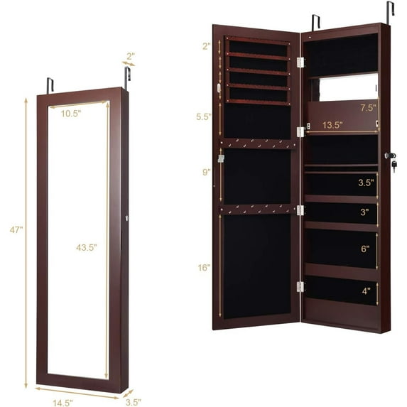 CZMJY LED Jewelry Cabinet Wall Mounted Door Hanging, Lockable Jewelry Armoire with 47.2'' Full Length Mirror, Foldable Makeup Tray, Lipstick Brush Holders, Jewelry Storage Organizer, Brown