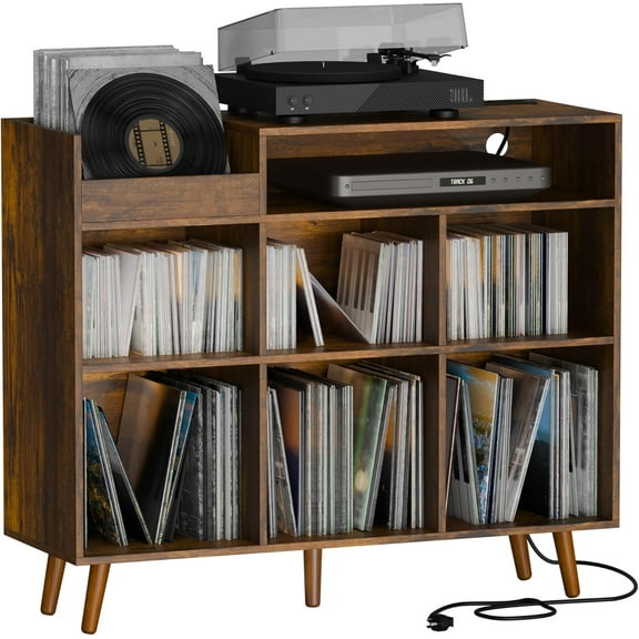 CZMJY Large Record Player Stand, Vinyl Storage Cabinet Mid Century Modern Turntable Stand Media Console Table Open Shelf Cube CD Album Holder Organizer for Living Room, Office, Rustic Brown