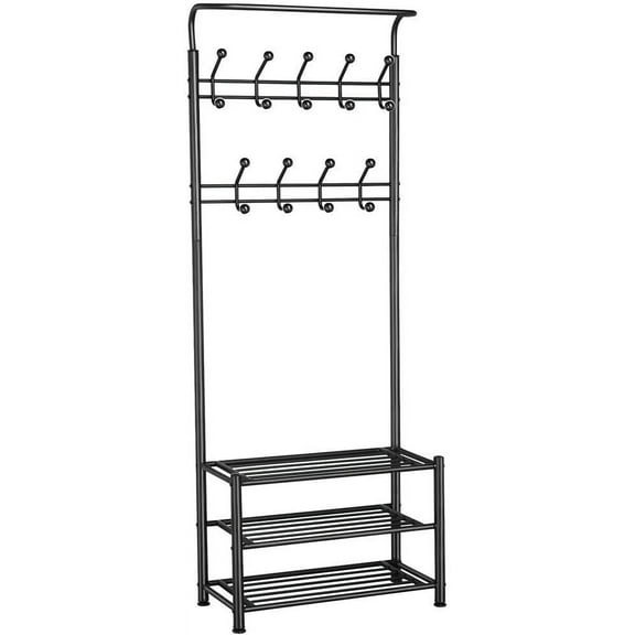 CZMJY Metal Entryway Storage 3-tier Coat Rack with Shoe Bench Hall Tree with 18 Hooks, Entryway Corner Hallway Garment Rack Black