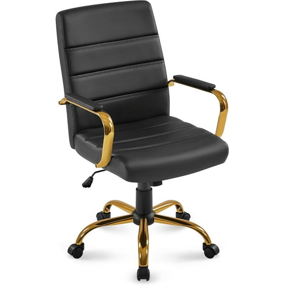 CZMJY Mid-Back Office Chair PU Leather Desk Chair Adjustable Executive Task Chair w/Lumber Support Gold Leg Black Seat