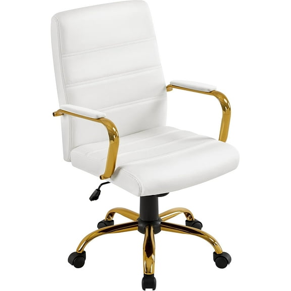 CZMJY Mid-Back Office Chair PU Leather Desk Chair Adjustable Executive Task Chair w/Lumber Support Gold Leg White Seat