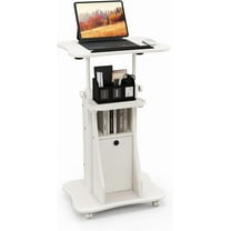 CZMJY Mobile Podium Stand, Sit-to-Stand Laptop Cart with Tilting Tabletop & Storage Cabinet, Lockable Casters, Height-Adjustable Rolling Lectern for Classroom, Church, Home Office,White