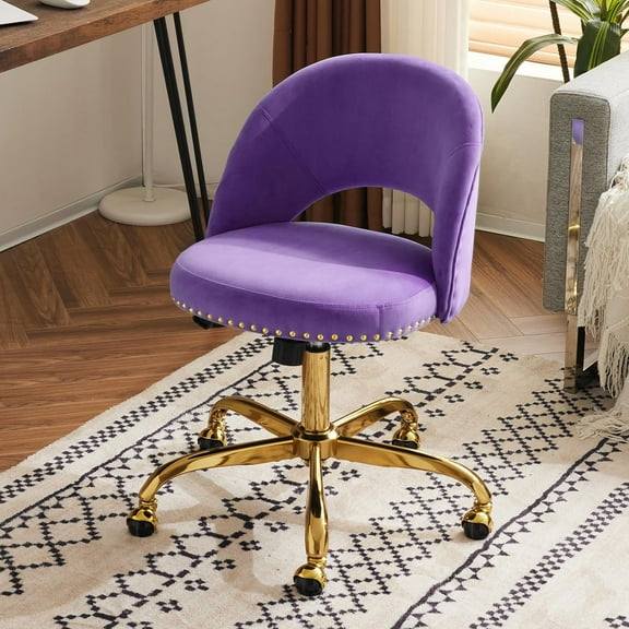 CZMJY Modern Velvet Small Office Chair,Cute Desk Chair with Wheels,Gold Base/Studs, Comfy Armless Swivel Vanity Task Chair for Women/Girl/Kids, Nail Tech Chair for Bedroom,Small Space,Violet Purple