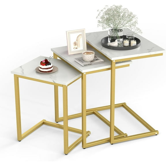 CZMJY Nesting Table Set of 3, Rectangle Stacking Side End Table with Wood Top & Metal Legs, Adjustable Foot Pads, C-shaped Accent Coffee Tables for Small Spaces, Living Room (C-shaped, White, 3-pc)