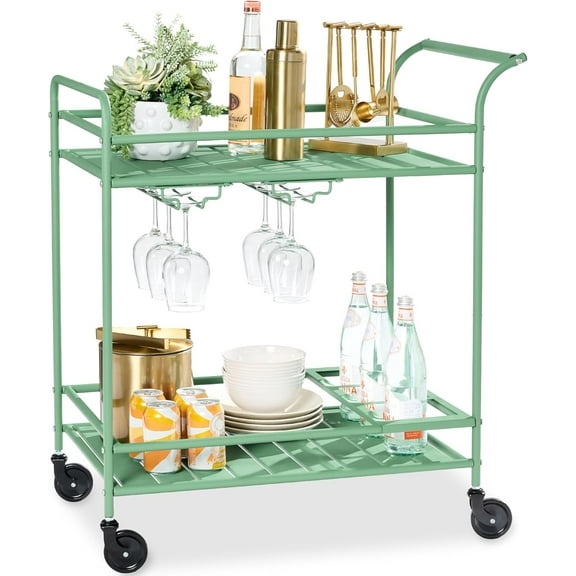 CZMJY Outdoor Mobile Patio Bar Cart, Home Bar Serving Cart, BBQ Side Table w/ 2 Tier Storage, Wine Rack, Lockable Wheels - Sage