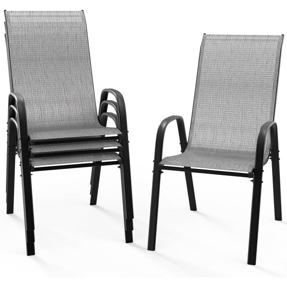 CZMJY Patio Chairs Set of 4 – Stackable Outdoor Dining Chairs with Comfortable Sling High Back Chairs and Armrests for Lawn, Poolside, Courtyard, Balcony, Garden, Silver Gray