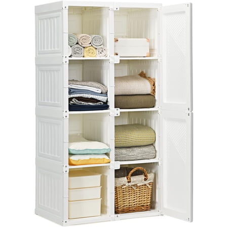 CZMJY Portable Closet Wardrobe, Foldable Clothes Organizer with Cubby Storage, Hanging Rods, Easy Assemble Clothing Storage with Magnet Doors, Folding Bedroom Armoire (8 Cubbies)