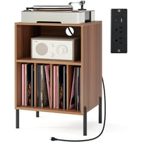 CZMJY Record Player Stand, Turntable Side Table Nightstand w/Charging Station & Vinyl Record Storage Cabinet Holds up to 150 Albums, Record Player Holder for Living Room (Walnut, 31" H)