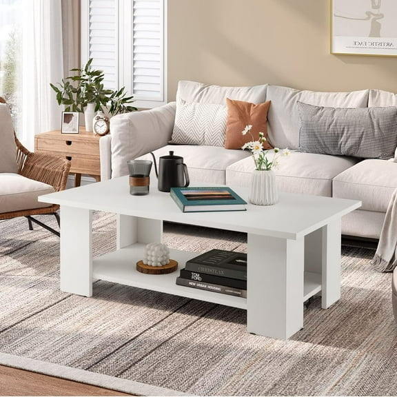 CZMJY Rectangle Wood Center Table, 41" L 2-Tier Large Modern Tea Table w/Open Compartment, Easy Assembly, Accent Coffee Table for Living Room, Reception Room, White