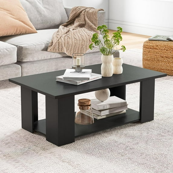 CZMJY Rectangle Wood Center Table, 41" L 2-Tier Large Modern Tea Table w/Open Compartment, Easy Assembly, Accent Coffee Table for Living Room, Reception Room, Black