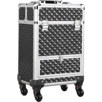 CZMJY Rolling Makeup Train Case Aluminum Cosmetic Case with Wheels Barber Case Salon Lockable Travel Trolley with Sliding Drawers Removable Divider, Black/Silver