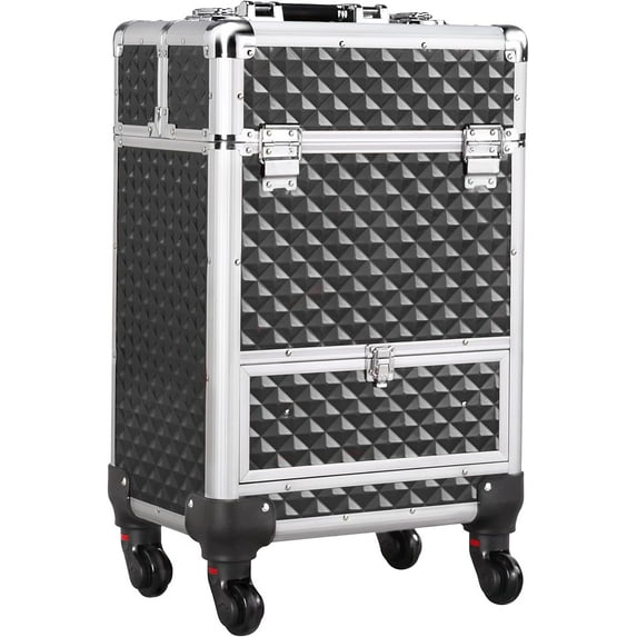 CZMJY Rolling Makeup Train Case Aluminum Cosmetic Case with Wheels Barber Case Salon Lockable Travel Trolley with Sliding Drawers Removable Divider, Black/Silver