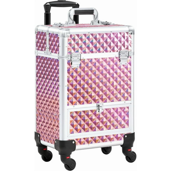 CZMJY Rolling Makeup Train Case Aluminum Cosmetic Case with Wheels Barber Case Salon Lockable Travel Trolley with Sliding Drawers Removable Divider, Pink/Silver