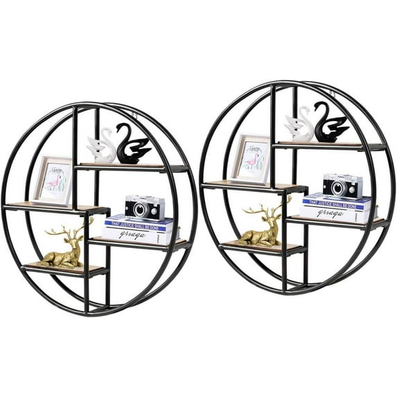 CZMJY Round Wall Shelf, Wall-Mounted Circular Shelf, Wood & Iron Wall Hanging Shelves, 4-Tier Circle Shelf Wall Decor for Home Office, Circular Floating Shelves (2, Black)