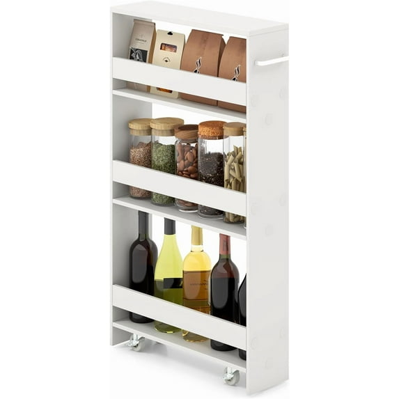 CZMJY Slim Storage Cart 4 Tier, Rolling Narrow Island Cart, Side Cabinet w/Handle, Space Saving Trolley, Kitchen Utility Cart Tower Rack for Dining Room Laundry Room Bathroom,
