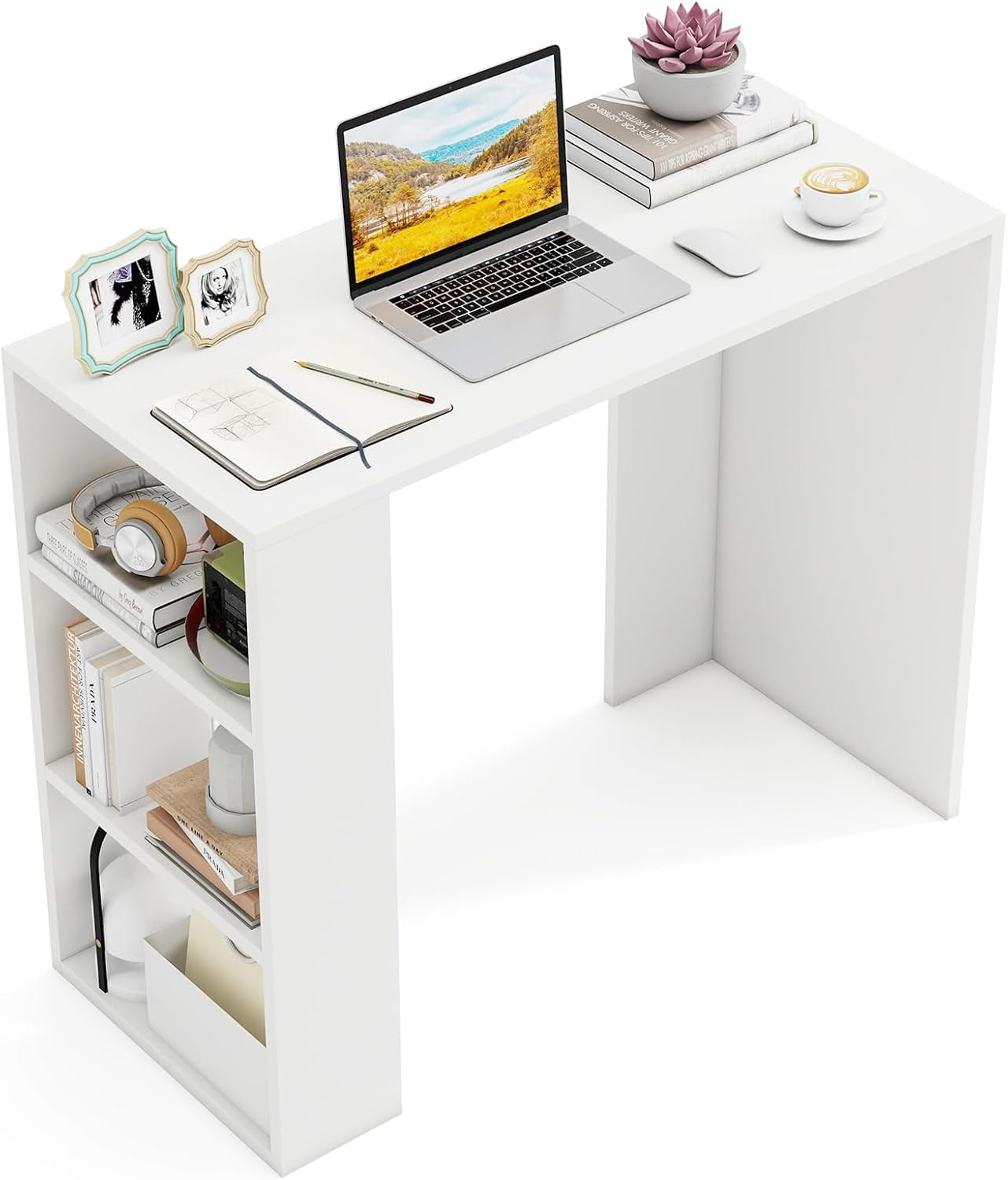 Computer Desk With Shelves, Space Saving Home Office Desk Wit 3 Tier Ladder Shaped Storage Bookshelf - View #10