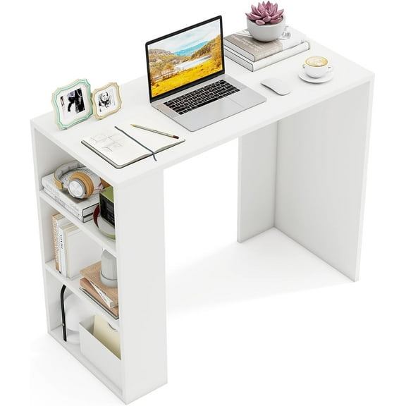 CZMJY Small Computer Desk, 36 Inch Home Office Desk with Bookshelf, Student Teen Study Writing Desk, Modern Simple Laptop Workstation, Vanity Table for Small Space (White)