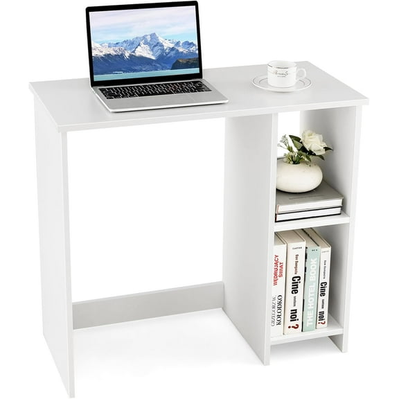 CZMJY Small White Desk with Shelves, Compact Desk for Small Space, Study Writing Table with 2 Tier Shelves, Modern Simple Style Laptop PC Table, White