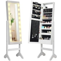 CZMJY Standing Jewelry Armoire with 18 LED Lights Around the Door, Large Storage Mirrored Jewelry Cabinet with Full Length Mirror, 16 Lipstick Holders, 1 Inside Makeup Mirror, White