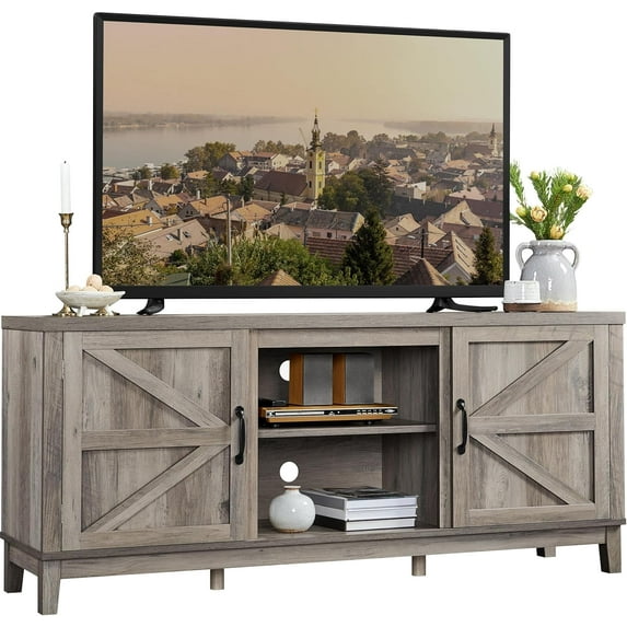 CZMJY TV Stand for 65 Inch TV, Farmhouse TV Console Table for Living Room, Tall Entertainment Center with Double Barn Doors for Bedroom, Gray