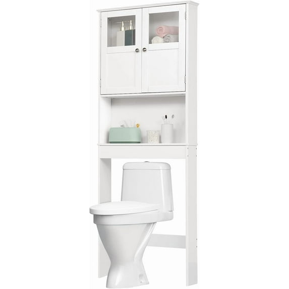 CZMJY Over The Toilet Storage Cabinet Bathroom Behind Toilet Shelf Towel Storage Freestanding Organizer Space Saver with Double Door Glass Window Cabinet Tower with Adjustable Shelf White