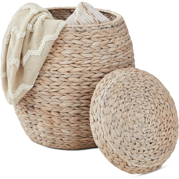 CZMJY Vintage Multipurpose Hyacinth Storage Basket, Plant Décor, Handwoven Organizer Tote for Bedroom, Living Room, Bathroom, w/Lid - Transparent White