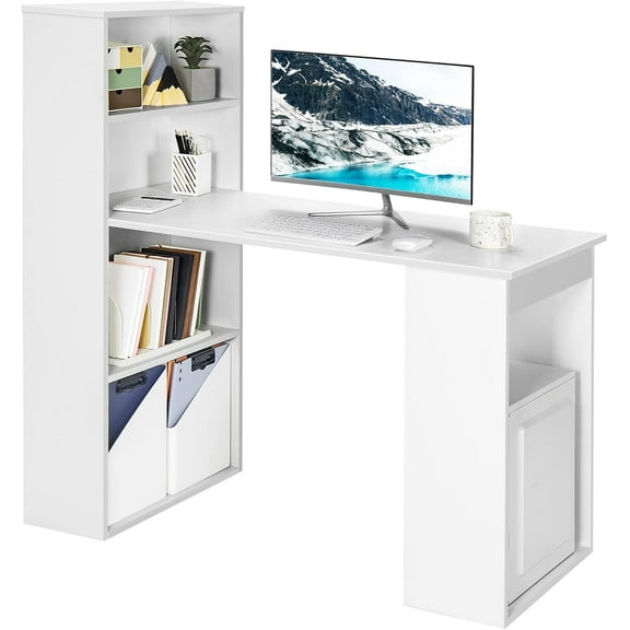 CZMJY White Computer Desk with Bookshelf, Writing Study Desk with Storage Shelves & CPU Stand, Modern Compact Computer Workstation for Home & Office, Space-Saving Design