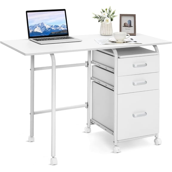 CZMJY White Folding Desk with 3 Drawers, Mobile Home Office Desk Study Writing Desk with Smooth Wheels, Space Saving Compact Table for Dorm Apartment, Rolling Couch Desk Table