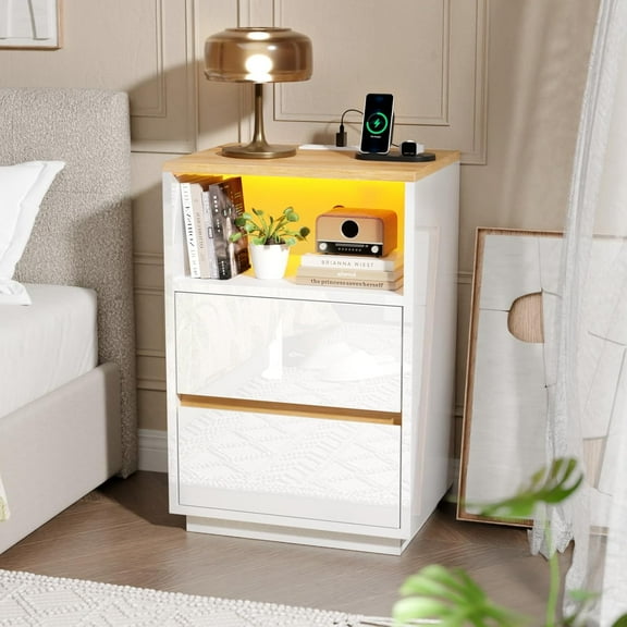 CZMJY White Nightstand with Charging Station, High Gloss Led Night Stand with Drawers, End Table, Bedside Table, Smart Nightstand Modern, Small Night Stand for Bedroom, 15.63" W*11.61" D*23.62" H