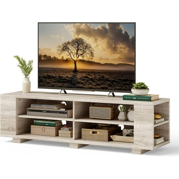 CZMJY Wood TV Stand for TVs up to 65 Inch Flat Screen, Modern Entertainment Center with 8 Open Shelves, Farmhouse TV Storage Cabinet for Living Room Bedroom, TV Console Table (White Oak)