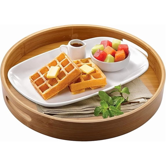 CZQ 13.8 Inch Large Round Bamboo Serving Tray, Bamboo Wood Circle Tray with Handles, Round Ottoman Food Tray for Serving Breakfast, Drinks, Snack on Home Dining Table