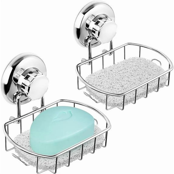 CZQ 2-Pack Suction Cup Soap Holder – Bar Soap Dish for Shower with Hooks for Bathroom – Optional Mounting with Adhesive Tape or Glue – Includes 2 Soap Savers – Polished Stainless Steel SS304