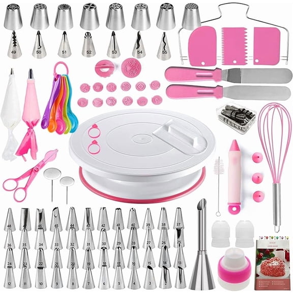 CZQ Cake Decorating Kit,137pcs Cake Decorating Supplies with Cake Turntable for Decorating,Pastry Piping Bag,Russian Piping Tips Baking Tools, Cake Baking Supplies for Beginners(Pink)
