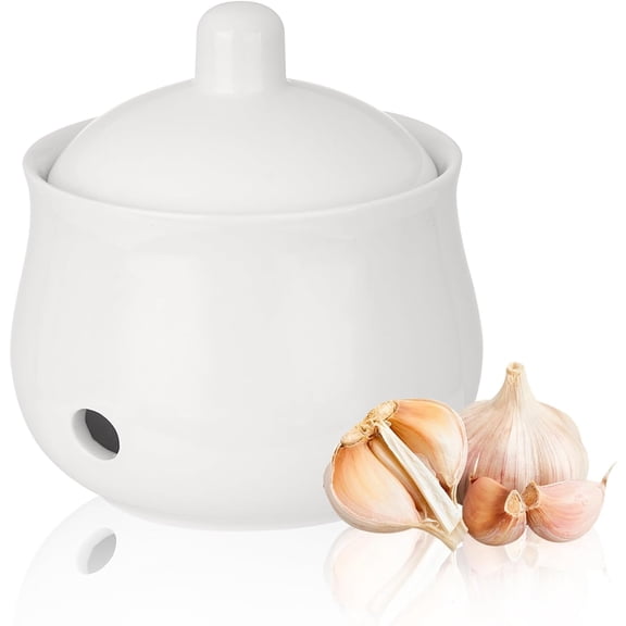 CZQ Ceramic Garlic Keeper for Counter, Garlic Holder Storage Jar with Lid, Vented Ginger Potato and Onion Storage Containers for Kitchen Countertop Decor (White)