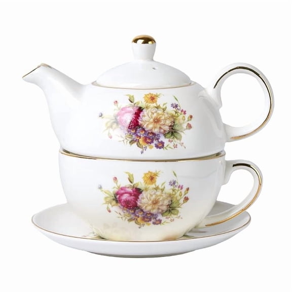 CZQ European Porcelain Tea for One, Vintage Floral Teapot and Saucer Set, Gold Trim Floral Teapot, Tea Cup with Saucer Set