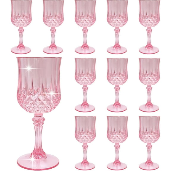 CZQ Plastic Wine Glasses，Plastic Goblets Vintage Style Cordial Drinking Glasses for Valentine’s Day, Wedding Reception, Grand Event Party Supplies (12, Pink)