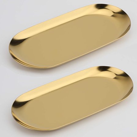 CZQ Stainless Steel Decorative Tray, Set of 2, 7 Inch Long, Jewelry Dish Cosmetics Organizer Bathroom Clutter Serving Platter Small Storage Tray, Oval, Gold