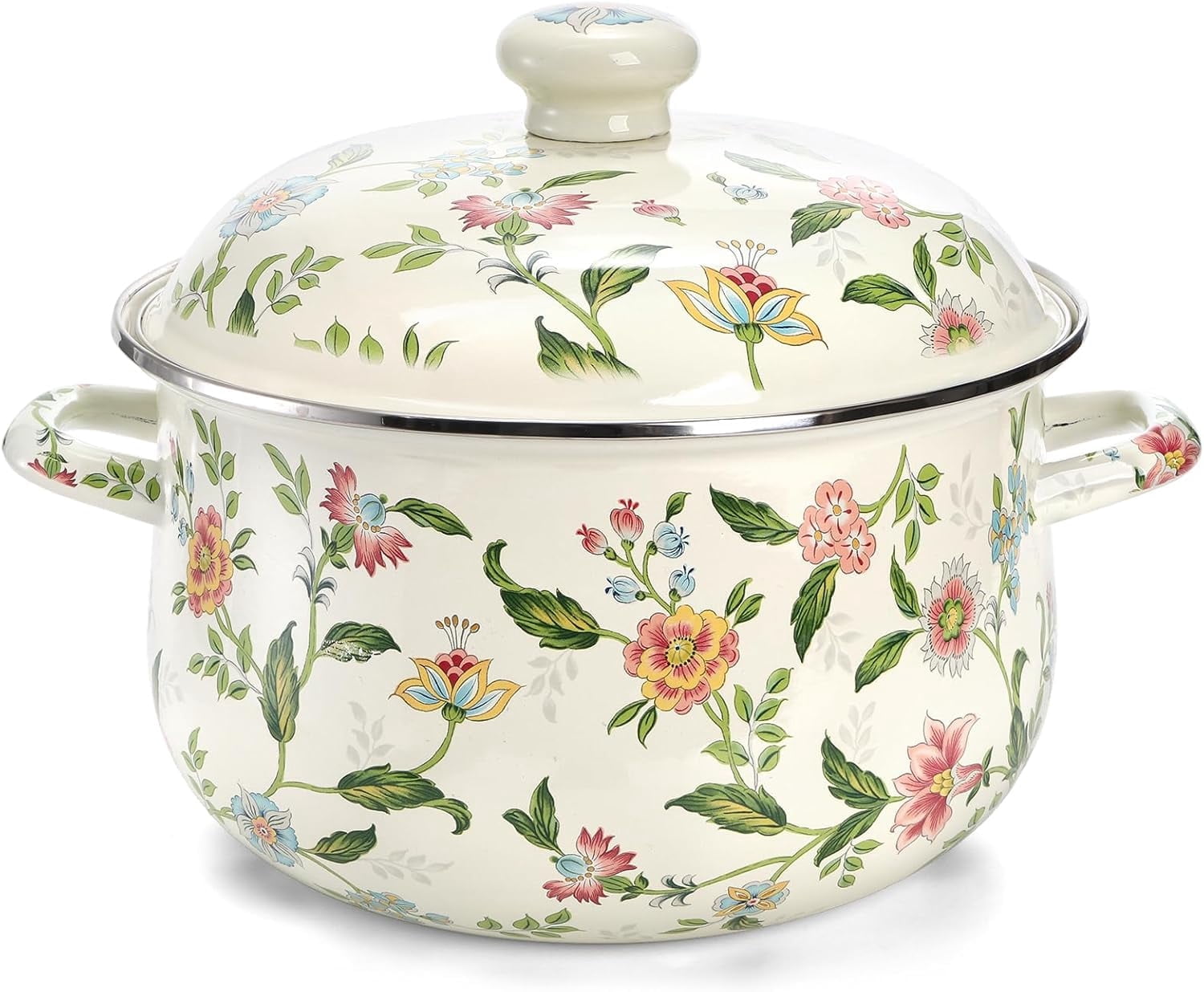 CZQ5 Quart Enamel Stockpot with Lid, Green Floral Enamelware Cooking Pot with Dual Handles for Stovetop, Large Soup Pot Potpourri Simmer Pot Gift for Housewarming Bridal Shower Christmas