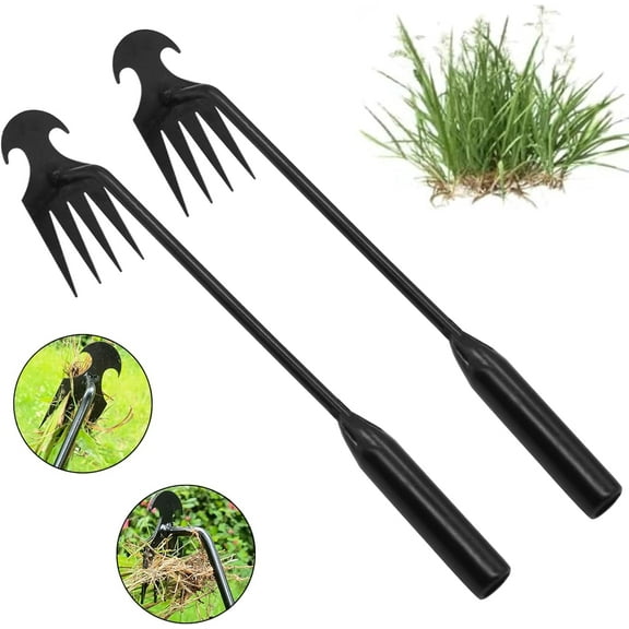 CZS 2PCS Garden Weed Pulling Tool Uprooting Weeding Tool 4 Teeth Weed Puller Tool Manganese Steel Garden Weeder Tool for Vegetable Gardening Planting, Black
