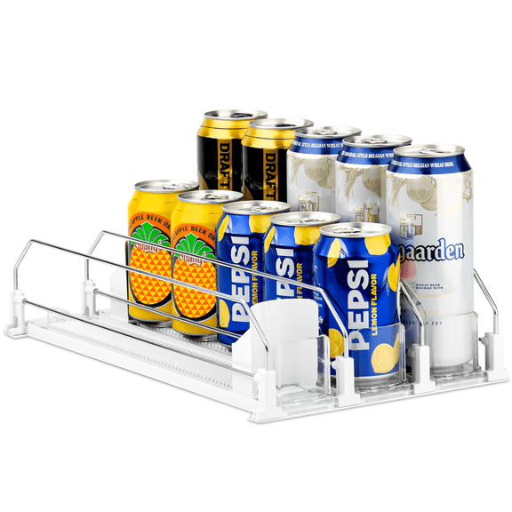 CZS Drink Organizer for Fridge, 3-Row Automatic Can Dispenser with Adjustable Width, Self-Pushing Soda & Bottle Rack Holds 15 Cans, Space-Saving White Design