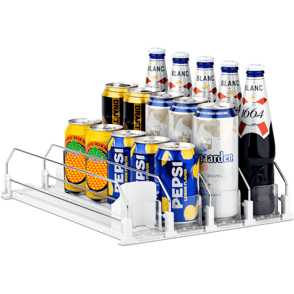 CZS Drink Organizer for Fridge, 4-Row Automatic Can Dispenser with Adjustable Width, Self-Pushing Soda & Bottle Rack Holds 15 Cans, Space-Saving White Design