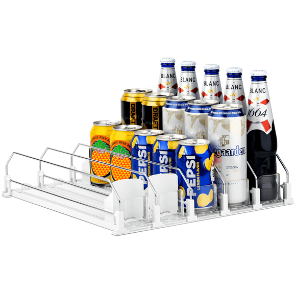 CZS Drink Organizer for Fridge, 5-Row Automatic Can Dispenser with Adjustable Width, Self-Pushing Soda & Bottle Rack Holds 15 Cans, Space-Saving White Design