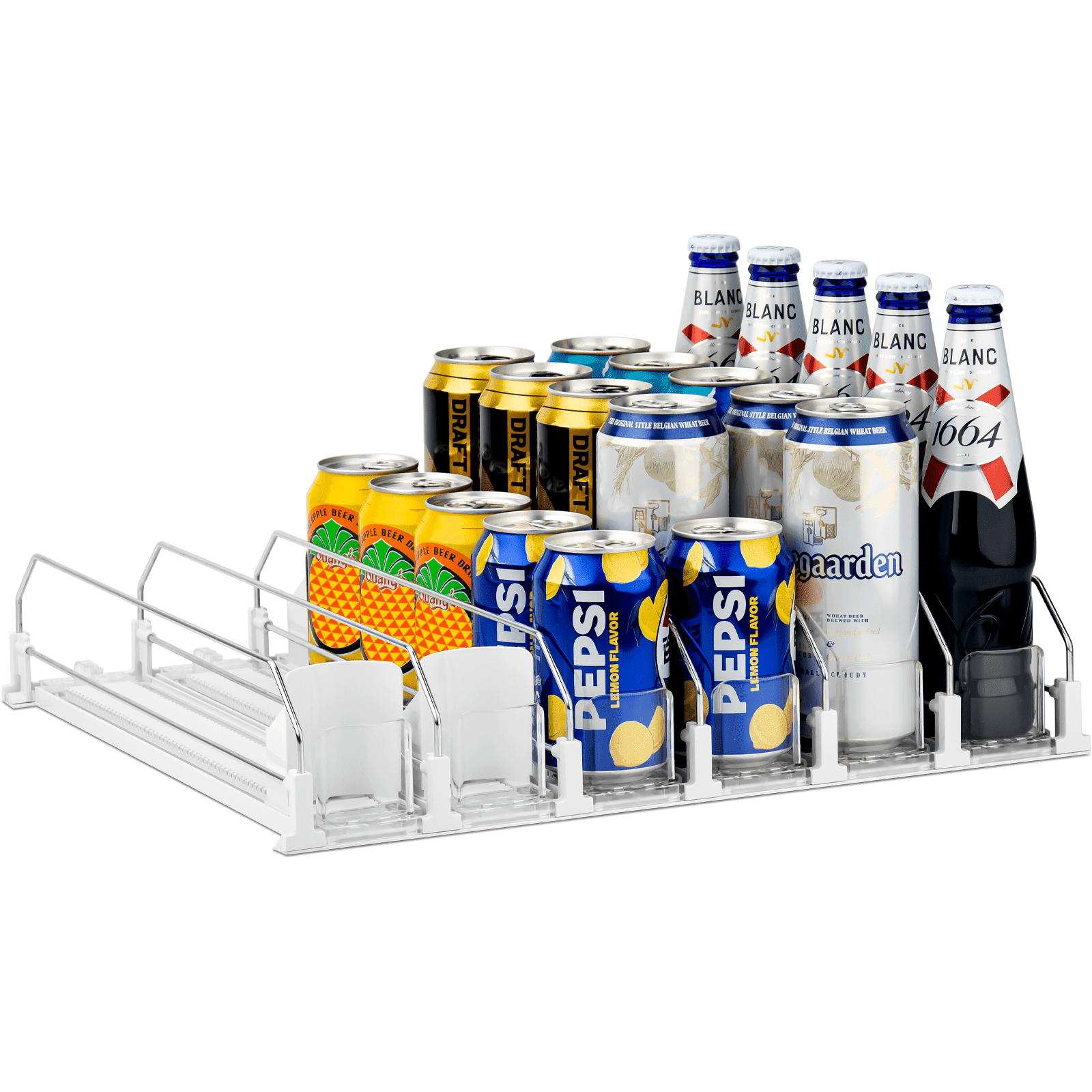 CZS Drink Organizer for Fridge, 6-Row Automatic Can Dispenser with Adjustable Width, Self-Pushing Soda & Bottle Rack Holds 15 Cans, Space-Saving White Design