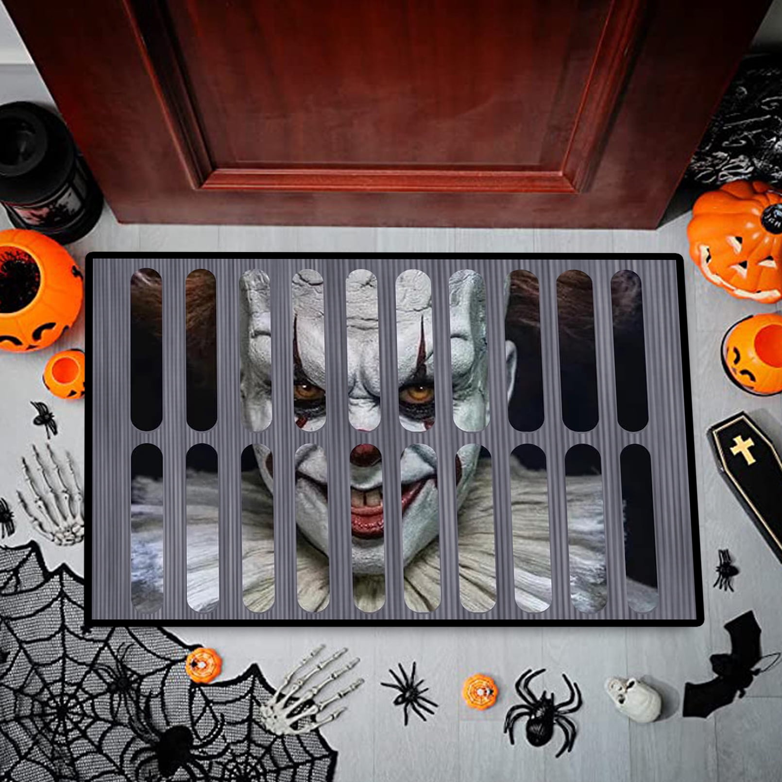 Halloween Area Rug, Black White Plaid Swirl Rug, Carpet Clown Doormat