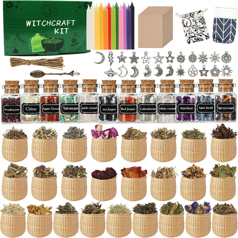 WELLPICK 41PCS Witchcraft Supplies Kit Box for Witch - Crystals Spell Jars  for Witches - Herbs for Witchcraft - Spell Candles and Pendulum for Wiccan