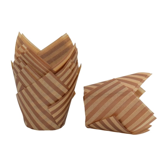 CZSCPDAW 50 Count Brown Striped Tulip Cupcake Liners, Tall Oil-Proof Paper Baking Cups with Folded Petal Design