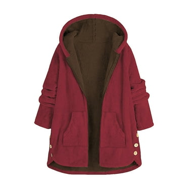 CZSCPDAW Coats For Women Winter Stand Single Wool Coats Wool Blend Coat Thicken Jacket Women Casual Fleece Side Button Zipper Solid Color Hooded Long Sleeve Pocket Coat Outerwear